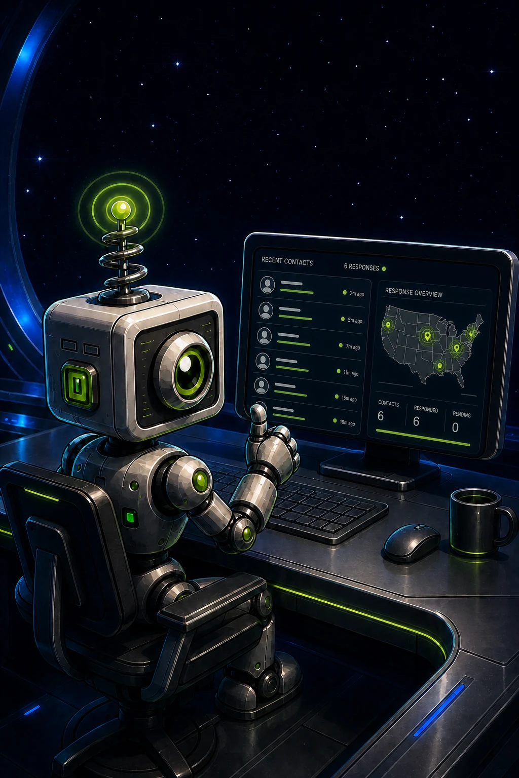 Square-headed Mailiens robot reviewing several recent contacts and response locations